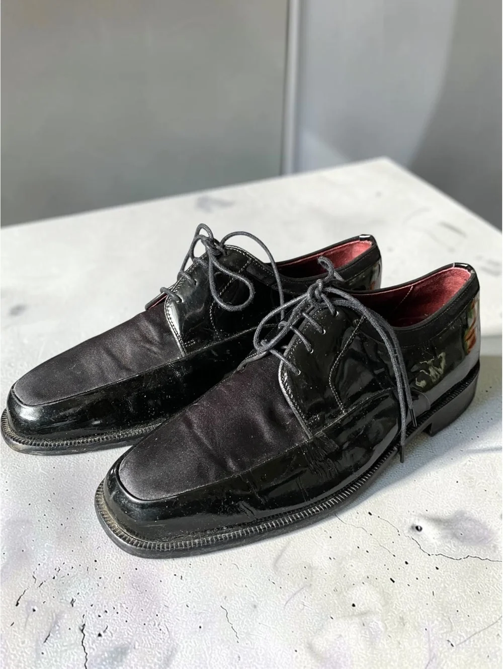 Sandro Moscoloni Men Dress Shoes 8.5 Square Toe Black Patent Leather Satin Tuxed